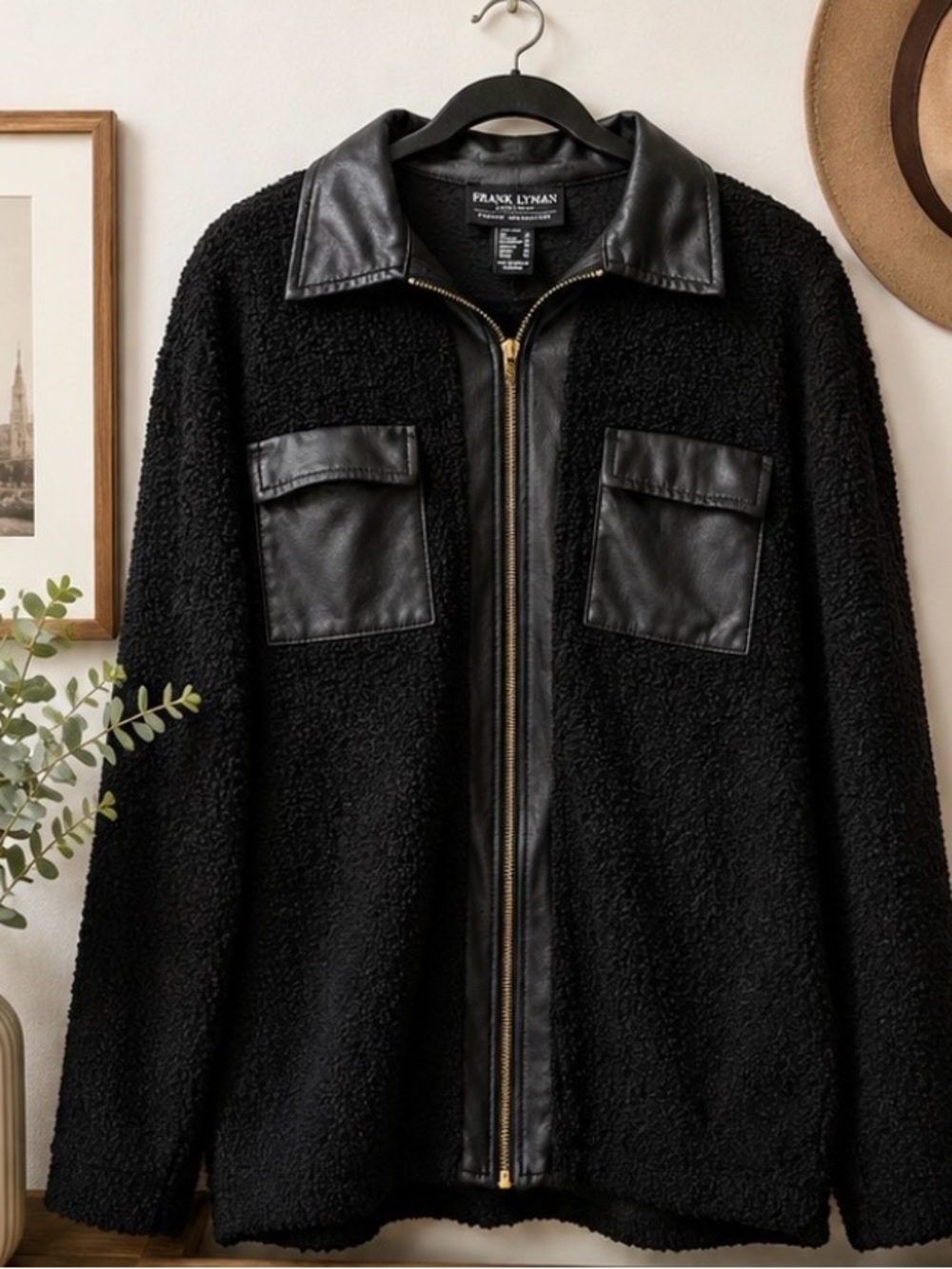 Frank Lyman Montréal Black Textured Bouclé Faux Leather Trim Zip Jacket Size 8